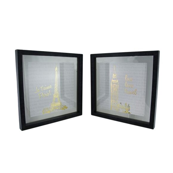 2 Pc. Live Love Travel Foiled Eiffel Tower/Big Ben Wall Hanging Set - Picture 1 of 6